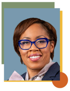 kemba-esmond-neighborworks-america A portrait of Kemba Esmond over a background featuring geometric shapes: a green and yellow square, and an orange circle positioned at the bottom right.