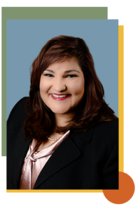 A portrait of Marietta Rodriguez over a background featuring geometric shapes: a green and yellow square, and an orange circle positioned at the bottom right.