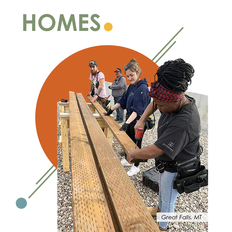 homes-annual-report-NW Volunteers work together outdoors to stain large wooden beams laid across sawhorses. The group includes men and women focused on the task, wearing work gloves and utility belts. Behind them is a construction site with gravel ground and a partially built concrete wall. A bold graphic design overlays the image with the word “HOMES” and the location labeled “Great Falls, MT.