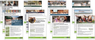 An overview of one-page leaflets arranged in four columns, with three leaflets displayed in each column.