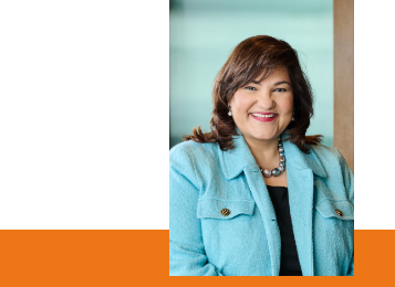 A portrait of Marietta Rodriguez over a background featuring geometric shapes: a green and yellow square, and an orange circle positioned at the bottom right.